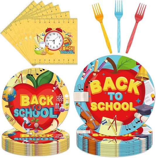 96 Pcs Back to School Decoration Disposable Tableware Set - Cartoon Back to School Apples Pencils Clock Paper Plates Napkins Forks First Day of School Theme Party Supplies Serve 24 Guests