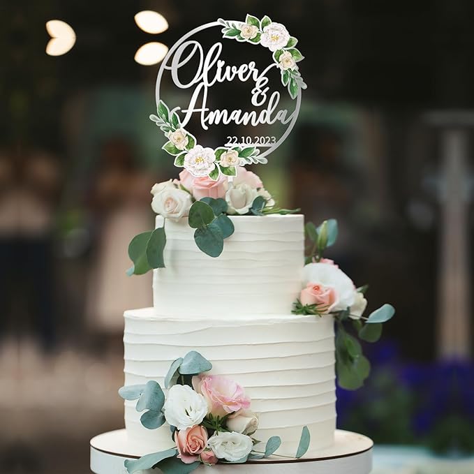Personalized Wedding Cake Topper in Acrylic Custom Bride & Groom Name & Date Cake Decoration Printed with Flowers & Green Leaves
