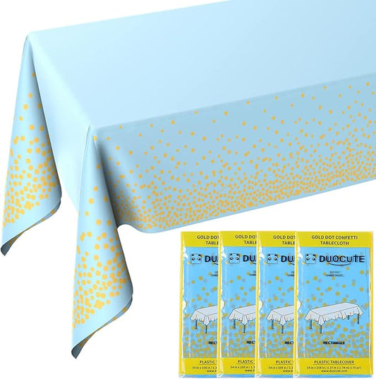 Blue and Gold Tablecloths for Party 4 Pack - 54 X 108 inch, Gold Dot Confetti Disposable Rectangular Plastic Table Cover for Baby Shower Boy Birthday Engagement Wedding Christmas BBQ Party