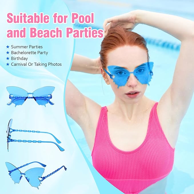 Pibupibu 24 Pack Star/Heart/Butterfly/Flame Sunglasses Bulk, Rimless Fun Colorful Sunglasses for Women Party Favors