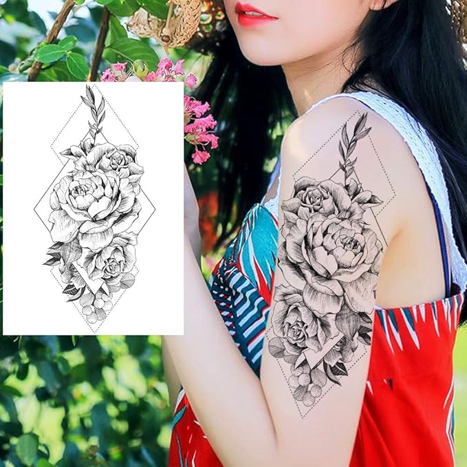 COKTAK 6 Pieces/Lot 3D Realistic Large Black Rose Flower Temporary Tattoos For Women Body Art Arm Big Peony Geometric Tattoo Stickers Adults Fake Waterproof Tatoo Legs Sketch Sexy Girl Peach Lily