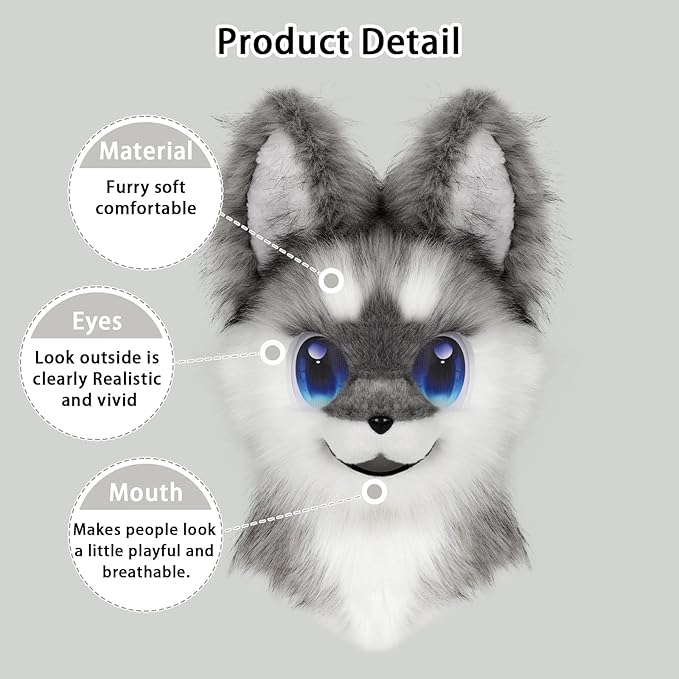 Animal Full Head Dog Mask Fursuit Therian Plush Realistic Masks for Party Halloween Cosplay Costume Accessory