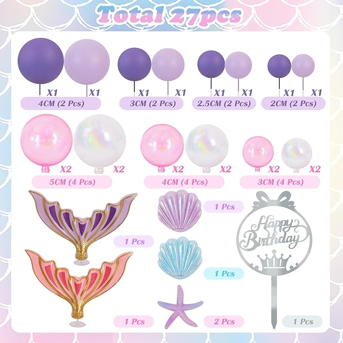 BEISHIDA 27pcs Mermaid Theme Birthday Cake Decorations 3D Tails, Silver Happy Birthday Cake Topper, Seashells & Starfish for Under The Sea Decorations Ocean Mermaid Party for Girls