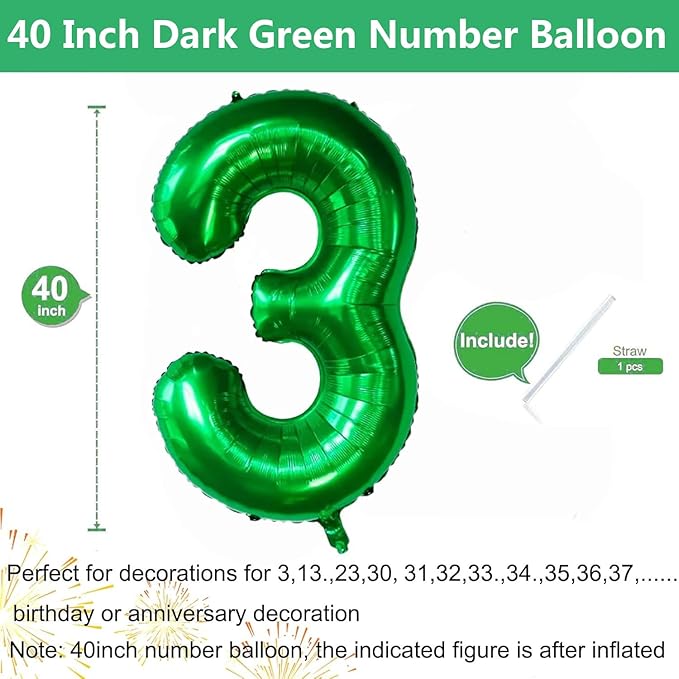 Green Number Balloons, 40 Inch Dark Green Balloon 3.3 Helium Balloon 3rd Birthday for 3 Years Birthday Party Wedding Anniversary Decoration Children Girls Boys