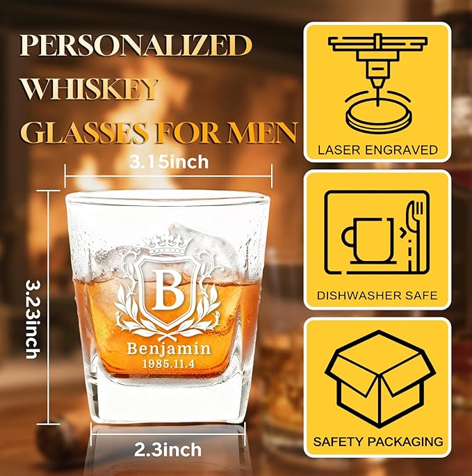 Custom Whiskey Glasses-Personalized Engraved 26 Letters Name Initials Whiskey Rocks Glass Tumbler for Men,Gift for Father's Day, Birthdays, Weddings,Anniversaries
