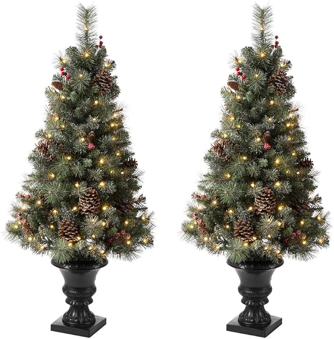 Glitzhome 2 Pack 4ft Pre-Lit Flocked Small Christmas Tree with Pinecones & Berries,100 Warm White Lights, 224 PVC & Pine Needle Mixed Branch Tips, Potted Christmas Tree for Porch Home Office