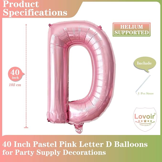 Pink Letter D Balloons, 40 Inch Pastel Pink Letter Balloons D Foil Mylar Helium Pink Letter Balloons for Birthday Party Supplies Anniversary Event Celebration Decorations Alphabet Pink D