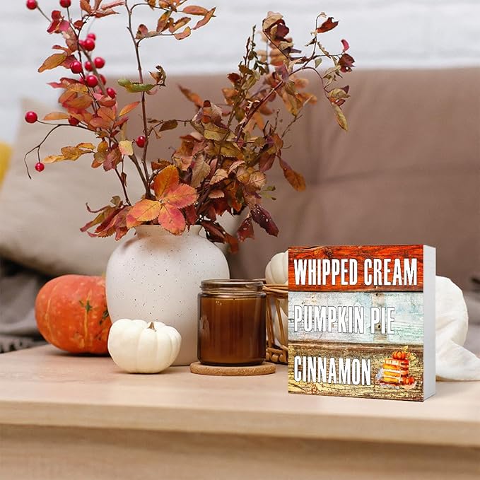 Funny Autumn Wood Box Sign Whipped Cream Pumpkin Pie Cinnamon Wooden Block Desk Decor for Home Office Kitchen Cubicle Table Shelf Tabletop,Farmhouse Fall Sign Decor