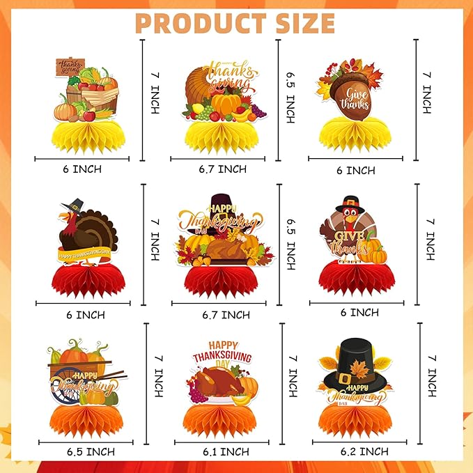9PCS Thanksgiving Honeycomb Centerpiece Turkey Pumpkin Maple Leaves Honeycomb Thanksgiving Table Centerpiece for Thanksgiving Table Decoration Fall Autumn Theme Birthday Party Supplies