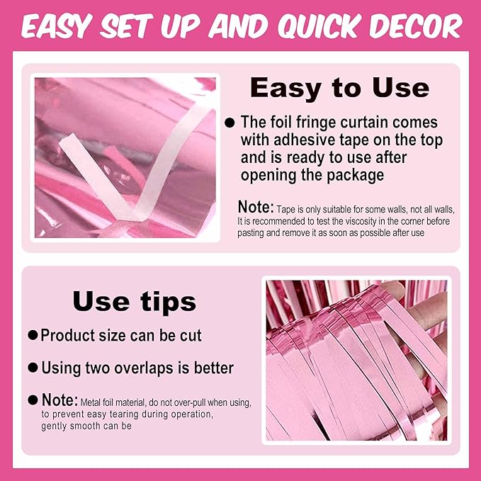 3 Pack Pink Foil Fringe Curtains Backdrop, 3.28 x 8.2 Ft Metallic Streamers Tinsel Curtains Background for Photo Booth, Birthday, Halloween, Christmas, Thanksgiving, New Year Party Decorations