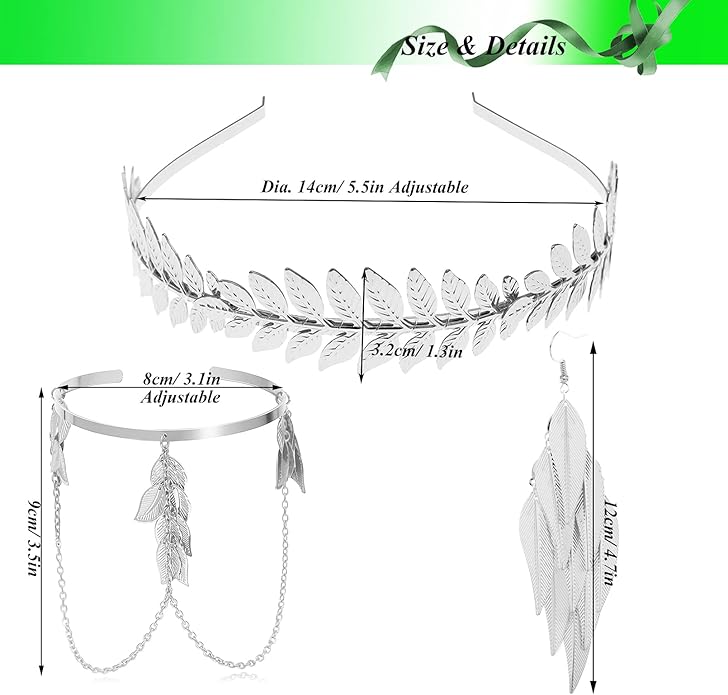 RechicGu 4 Pieces Grecian Goddess Leaf Laurel Costume Accessories Set Roman Toga Party Headband Upper Arm cuff Bracelet Band Earrings Jewelry Women Golden