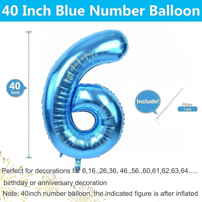 40 inch Blue Number Balloon Giant Foil Helium Balloons Blue Number 6 Balloon for 6th Birthday Party Decorations