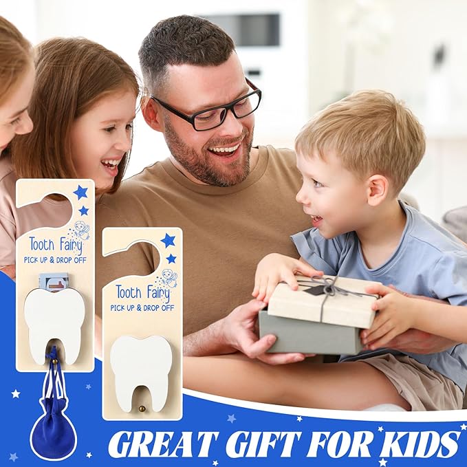 Tooth Fairy Holder Bag Door Hanger with Money Slot Keepsake Bottle Velvet Pouch Teeth Fairy Box Encourage Gift for Lost Teeth Boy Girl Milk (Classic,Dark Blue)