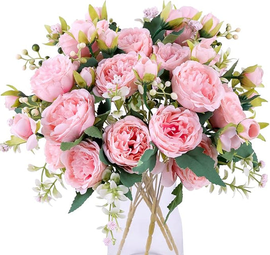 Floweroyal 4 Bunches Peony Artificial Flowers Pink Flowers Silk Peonies Bouquets for Wedding Party Table Centerpieces Floral Arrangement Home Kitchen Decor.