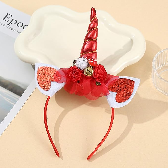 Christmas Unicorn Headband for Women - Festive Red Glitter Unicorn Ear Hairband, Cute Holiday Party Headwear for Xmas, New Year, Costume, Photo Props, Family Accessories