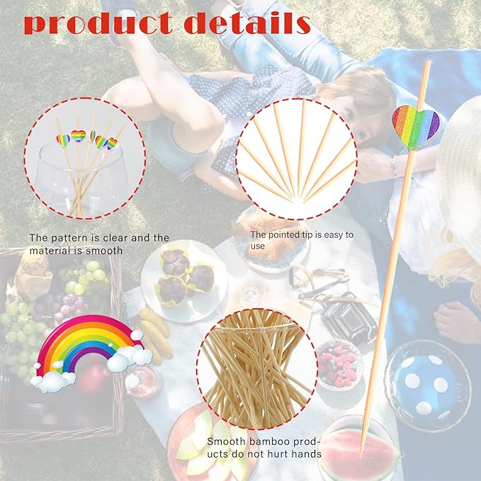 Rainbow Color Love Heart Cocktail Picks Rainbows Stripe Decoration Toothpick Drinks Fruit Dessert Sticks Food Sandwich Appetizer Charcuterie Skewer for LGBT Pride Decorations Party Supplies