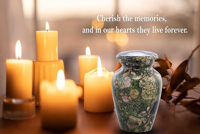 Small Keepsake Cremation Urns for Human Ashes - Marble Finish Metal Keepsake Urn - Mini Cremation Urn for Pet Ashes - Handcrafted Memorial Urn - Funeral Urns with Velvet Bag (Emerald Marinace)