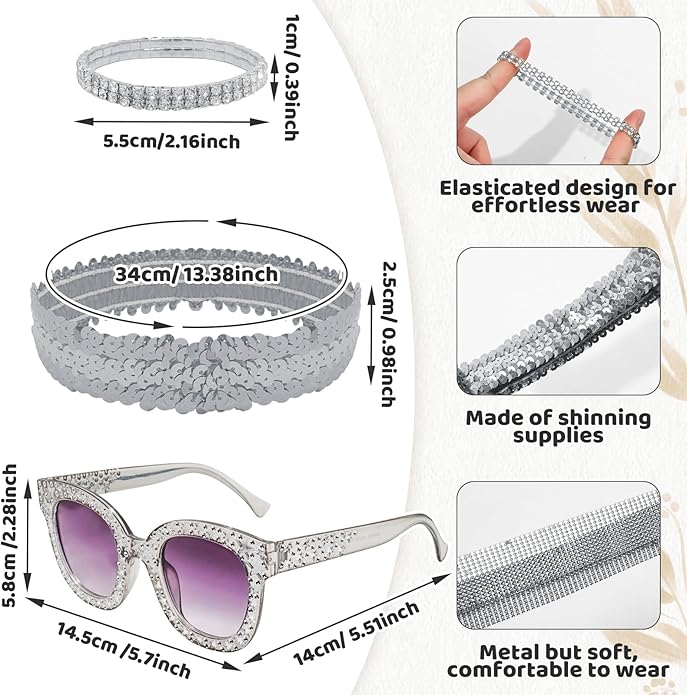 6 Pcs 70s Women Disco Accessories Sequin Scarf Headband Bracelet Necklace Earrings Sunglasses for Halloween Disco Costume