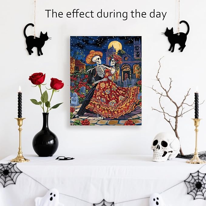 Artiluxy Ghost Bride Skeleton Couple Dance LED Wall Art - 16x20 Inch Day of the Dead Decor with RGB Color Changing Lights & Auto Timer, Vertical Hanging Gifts for Halloween
