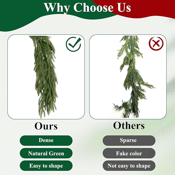 U'Artlines 2Pcs Christmas Norfolk Pine Garland, 9 Ft Xmas Faux Greenery Garland Real Touch Winter Cedar Garlands for Table Stairs Mantle Fireplace Holiday Decoration