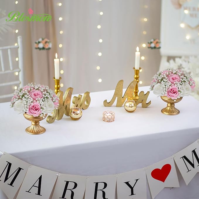 BLOSMON Flowers Balls Wedding Centerpiece: 10 Pcs Pink Rose Babys Breath Artificial Flowers for Table Decorations Silk Kissing Floral Bouquet Arrangements for Home Party DIY Decor