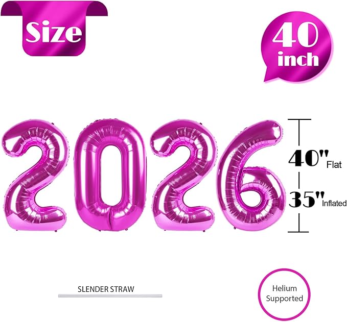 Rosy Purple 2026 Number Balloon, Rosy Purple Number Balloons 40 Inch, 2026 Balloon Birthday Decorations, 2026 Birthday Party Supplies