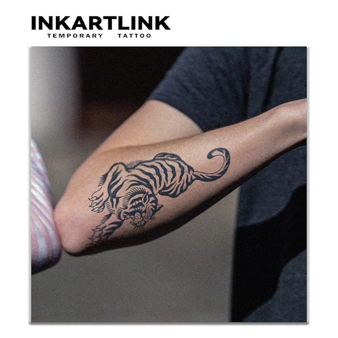 INKARTLINK Tattoo Tech, 2 Sheets Medium Semi Permanent Tattoo, Adult Art Design Temporary Tattoos, Lasts 1-2 Weeks, Waterproof, Realistic Look, No Adhesive, No Reflection (Tiger Design)