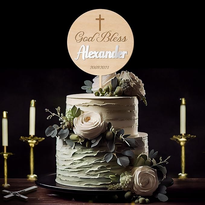 Personalized Baptism Cake Topper 3D Wood & Acrylic Custom Name & Date God Bless Cake Topper Decoration (Design 02)