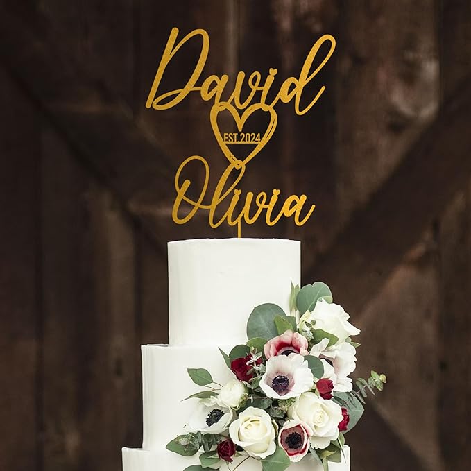 Noni Luxury Personalized Wedding Cake Topper with date and hear, Custom Cake topper, Personalized Cake Topper, Gold Cake Topper wedding, Rustic Wedding Cake Topper, Mr and Mrs Topper for Wedding Cake