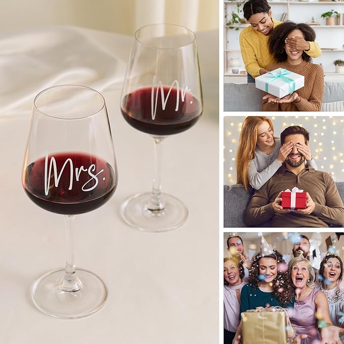 AW BRIDAL Mr and Mrs Wine Glasses Wedding Gifts for Couples 2025, Engagement Gift for Newlyweds, Bridal Shower and Bachelorette Gifts for Bride, Wine Opener Stopper and Engraved Wooden Keepsake Box