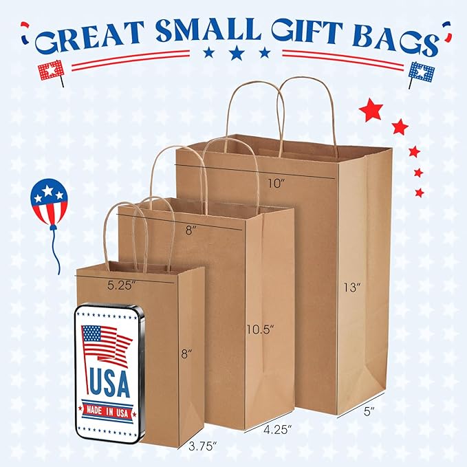 MESHA Paper Gift Bags 5.25x3.75x8 Inch 50 Pack Small Brown Paper Bags with Handles Bulk for Small Business, Birthday Wedding Party Favor
