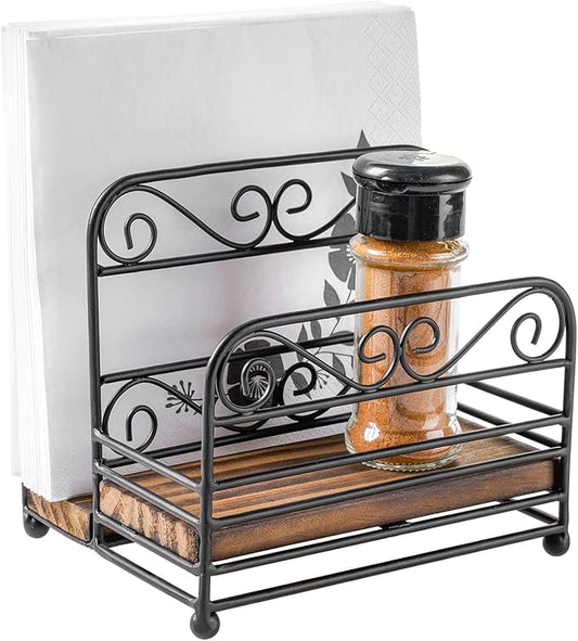 MyGift 2-in-1 Disposable Napkin and Salt & Pepper Caddy, Black Metal Vintage Scrollwork Dinner Table Paper Towel Condiment Holder with Rustic Burnt Solid Wood Base
