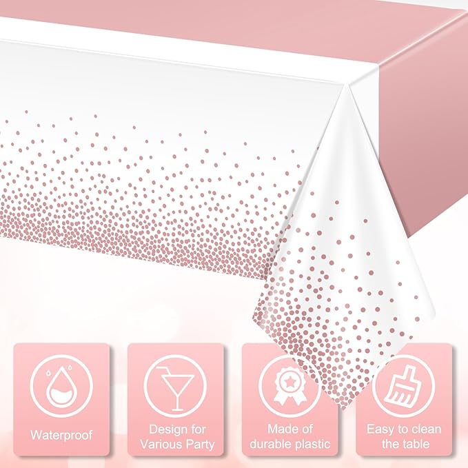 1Pcs White and Rose Gold Tablecloth Party Decorations,Plastic White Table Cloth Printed Rose Gold Table Runner Disposable Rectangle Cover for Birthday Anniversary Wedding Grad Party,54 x108 Inch