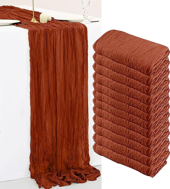 12 Pack Cheesecloth Table Runner, 35x120 Inch Terracotta Table Runners Rustic Burnt Orange Cheese Cloth Boho Gauze Semi-Sheer Runner for Wedding Baby Shower Fall Thanksgiving Home Decor