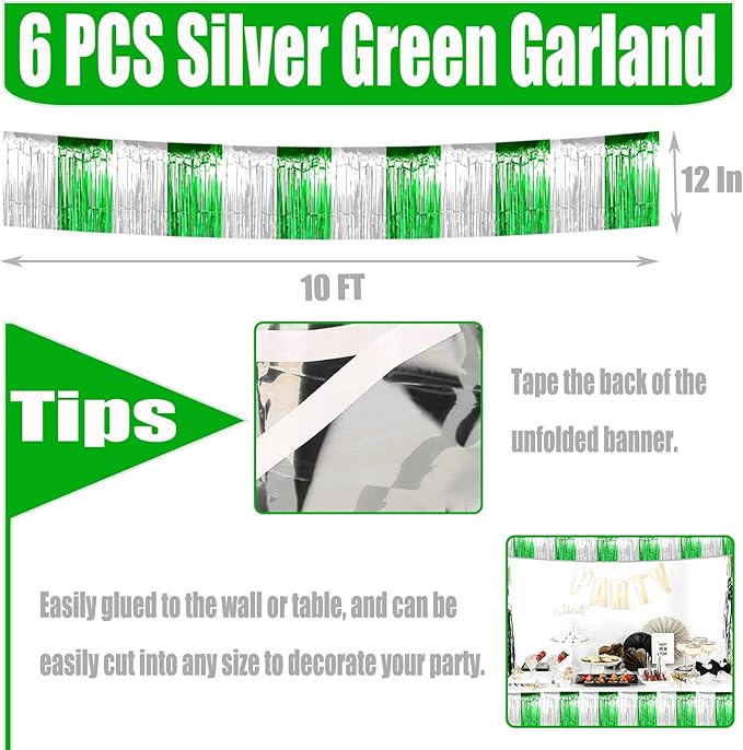 6 Pack 10 Feet Foil Fringe Garland Metallic Tinsel Streamers Banner Wall Hanging Backdrop for Parade Floats, Valentine's Day, Wedding, Birthday, St Patrick Day Party Decorations(Silver Green)