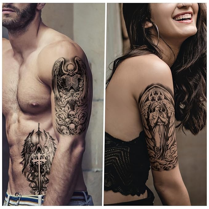 77 Sheets Temporary Tattoo for Women Men, 17 Sheets Half Arm Large Black Angel Devil Fake Tattoos, 60 Sheets Skull Heart Wings Tiny for Adult Kids Cosplay Party Body Tattoos Stickers Realistic