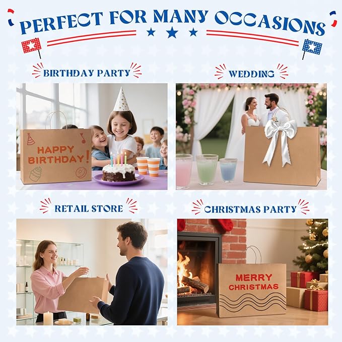 MESHA Gift Paper Bags 200 Pack 16X6X12 Brown Large Shopping Kraft Bags Bulk with Handles Reusable for Business,Grocery,Birthday,Wedding,Kids Party,Favors