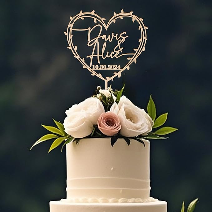 Custom Names and Date Wedding Cake Topper Pesonalized Wedding Anniversary Cake Decoration Heart Wreath Design in Plain & Metallic Finish Wood