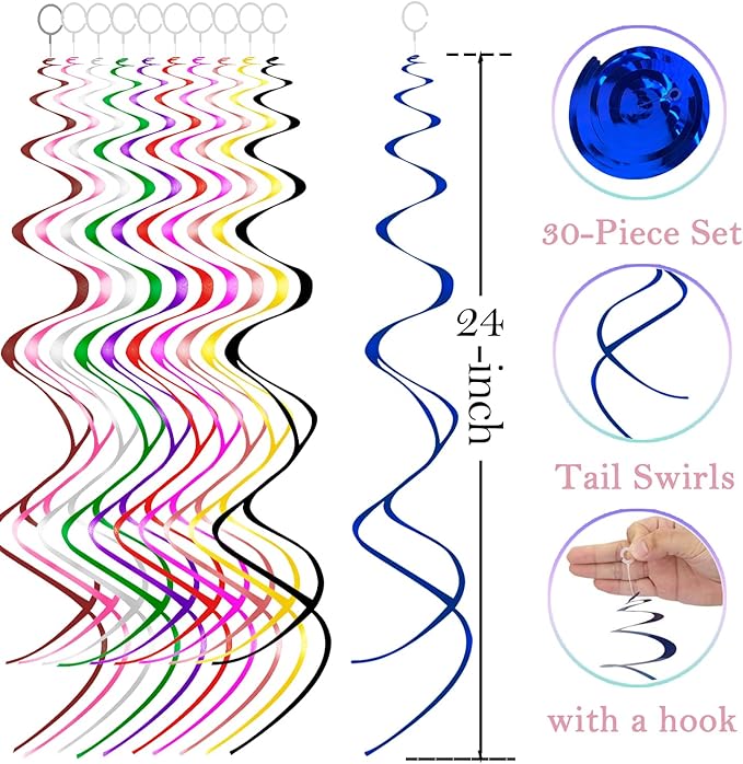 Blue Hanging Swirls Party Decorations 30 pcs Ceiling Swirl Foil Decoration for Baby Shower, Birthday Party