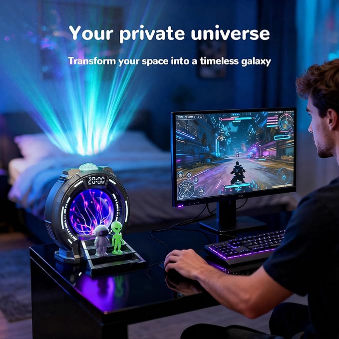 Galactic Portal Galaxy Projector Lamp with Plasma Ball – Aurora Projector Night Light with Bluetooth Speaker, Astronaut & Alien Room Decor for Kids & Teens