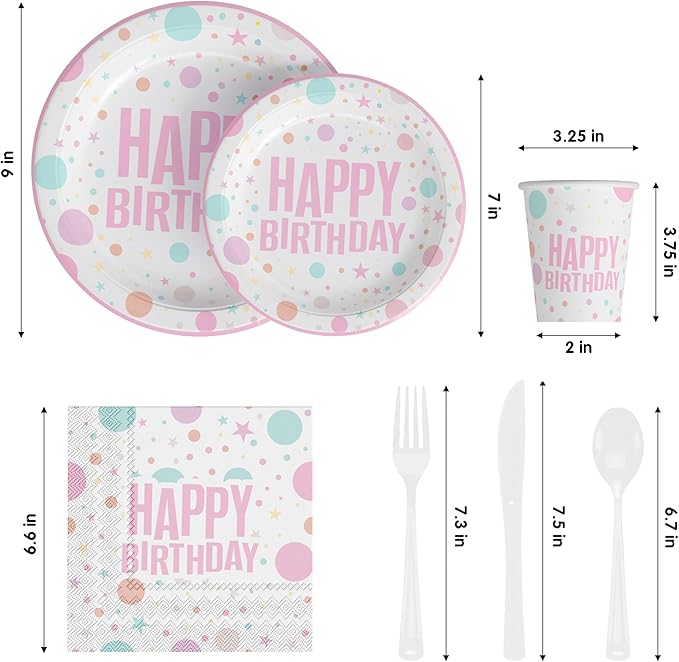 Exquisite 350 Pieces Happy Birthday Plates and Napkins Set, Paper Plates for Party Supplies, 50 Of Each 9" Dinner, 7" Dessert, Cups, Napkins & Cutlery Plastic Dinnerware Set Blue Birthday Decorations