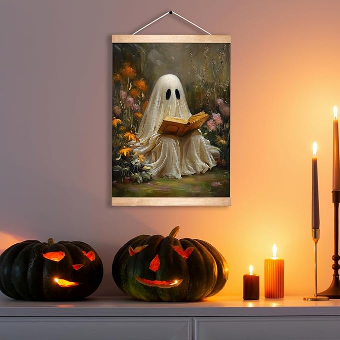 Rustic Ghost is Reading a Book Wall Art 18.5x14 Inch,Fun Ghost Linen Canvas Wall Hanging Poster Decor, Retro Gothic Haunted House Theme Wall Poster for Library Reading Corner,Halloween Decorations (BLK07)