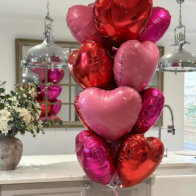 Hot Pink Foil Heart Balloons, 12 Pcs 18 Inch Mylar Heart Shaped Pink & Red Party Decoration for Birthdays, Weddings, Anniversaries, Valentine's Day