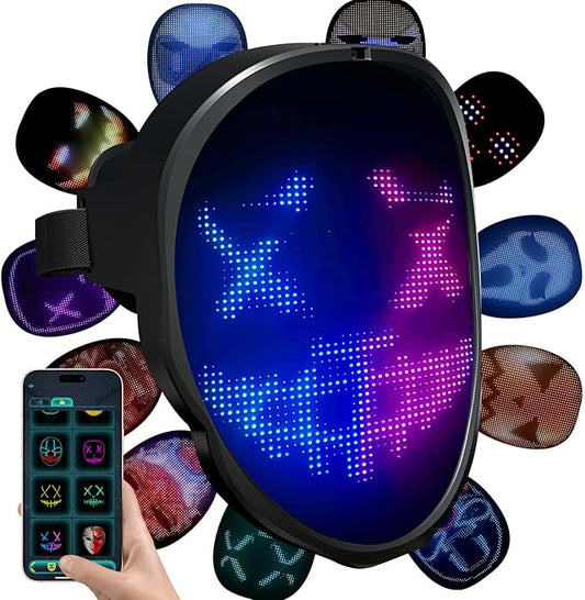 Led Mask Costume with APP Controlled, Led Halloween Mask, Funny Light Up Halloween Face Mask for Christmas Birthday Cosplay Party, Glow Up Mask for Kids Men Women