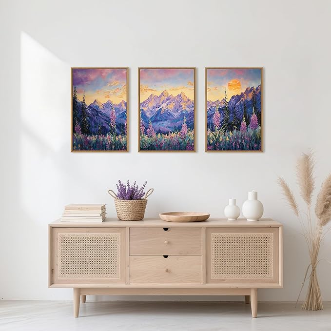 HOURIA Purple Sunset Mountain Landscape Framed Canvas Wall Art Set,Nature Pine Tree Wildflowers Wall Decor,Golden Sunlight Wall Painting,Modern Field Art Prints for Living Room, Bedroom-16 x24 x3