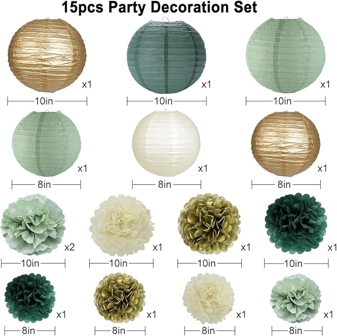 zilue Sage Green Party Decorations, Sage Green Paper Lanterns and Pom Poms Flowers for Birthday Party Baby Shower Wedding Shower Decor Gold/Ivory/Sage Green 15pcs