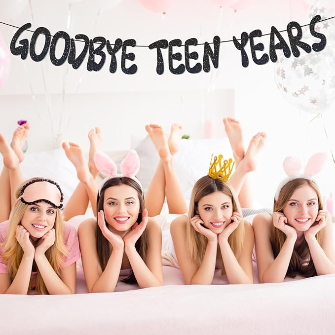 Goodbye Teen Years Glitter Banner, Pre-Strung, 20th Birthday Decorations, 20 & Fabulous, Happy 20 years old Anniversary Party Decoration Supplies Black