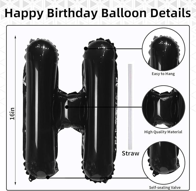 Happy Birthday Balloon Banner Rose Gold, 16 Inch Happy Birthday Foil Black Balloon, Happy Birthday Sign Bunting Banner Self Inflating Letter Balloon for Girls Women Birthday Party Decorations Supplies