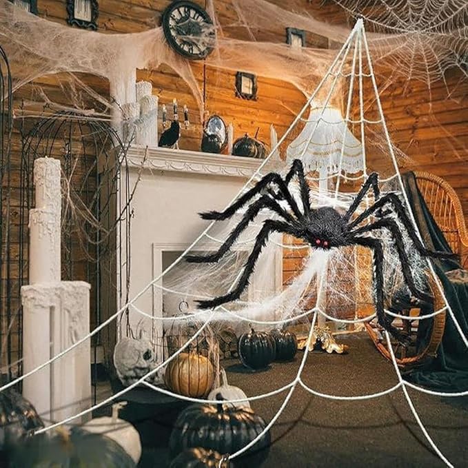 200" Halloween Spider Web + 59" Giant Spider Decorations, Triangular Huge Spiders Web and Hairy Scary Fake Spider, for Indoor Outdoor Porch Yard, Scary Haunted House Party, and Halloween Décor