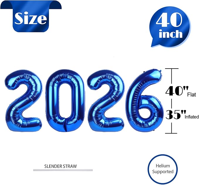 2026 Balloon Numbers - 40 Inch Navy Blue New Years Eve Party Supplies 2026, Nye Decor Party Decorations Happy New Year, New Years Eve Foil Party Balloons